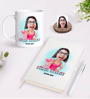 BK Gift Kişiye Özel Kadınlar Günü Dünya Tatlısı Karikatürlü Beyaz Defter Kalem ve Kupa Seti-1 (Model 1)