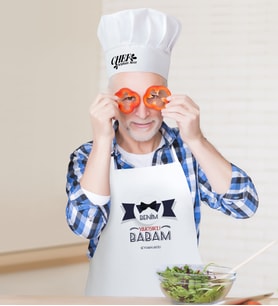 BK Gift Kişiye Özel Benim Yakışıklı Babam Erkek Mutfak Önlüğü ve Aşçı Şapkası Seti (Beyaz)