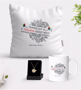 BK Gift Kişiye Özel Teknoloji ve Tasarım Öğretmeni Beyaz Kupa Yastık ve İsimli Papatya Kolye Hediye Seti (Model 1)