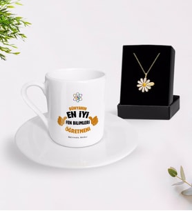 BK Gift Kişiye Özel Fen Bilimleri Öğretmeni Türk Kahvesi Fincanı ve İsimli Papatya Kolye Hediye Seti-1 (Model 1)