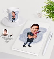 BK Gift Kişiye Özel Erkek Kuaför Karikatürlü Beyaz Defter Kalem Türk Kahvesi Fincanı Seti-1 (Model 1)