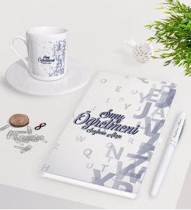 BK Gift Kişiye Özel Sınıf Öğretmeni Beyaz Defter Kalem Türk Kahvesi Fincanı Seti-15 (Model 1)