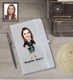 Kişiye Özel Öğretmen Karikatürlü Gri Defter Kalem Hediye Seti  Bayan-7