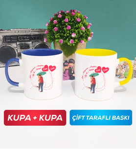 İkili Sevgiliye Sevgililer Günü Hediyesi 3 Kupa Bardak Lacivert Sarı