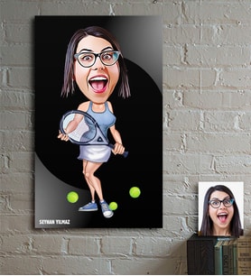 BK Gift Kişiye Özel Bayan Tenis Oyuncusu Karikatür Ahşap Tablo - 1