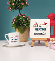 Mesajlı Diş Hekimi Hediye Türk Kahvesi Fincanı ve Dekoratif Taş Baskı Hediye Seti