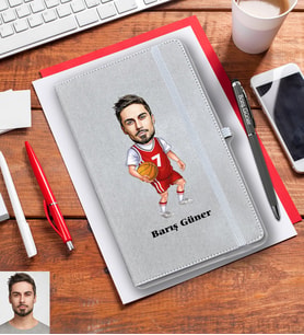 Kişiye Özel Basketbolcu Karikatürlü Gri Defter Kalem Hediye Seti Bay-2