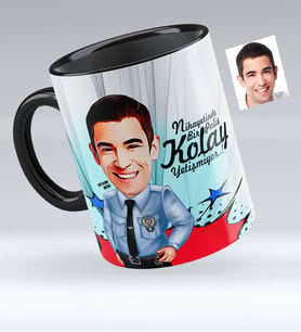 BK Gift Kişiye Özel Bay Polis Karikatürlü Siyah Kupa Bardak  1