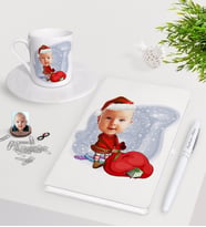 BK Gift Kişiye Özel Bebek Karikatürlü Beyaz Defter Kalem Türk Kahvesi Fincanı Seti-6 (Model 1)
