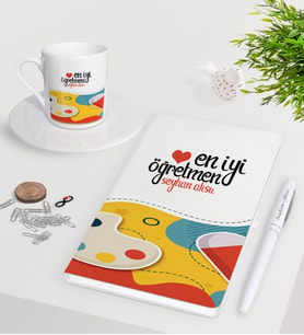 BK Gift Kişiye Özel En İyi Öğretmen Beyaz Defter Kalem Türk Kahvesi Fincanı Seti-4 (Model 1)