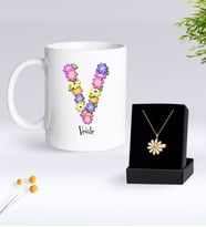 BK Gift Kişiye Özel Çiçek Temalı Harf Kupa ve Papatya Kolye Hediye Seti-26 (Model 1)