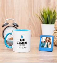 Erkek Almanca Öğretmeni Mavi Kupa Bardak ve Mavi Mini Fotoğraf Çerçevesi