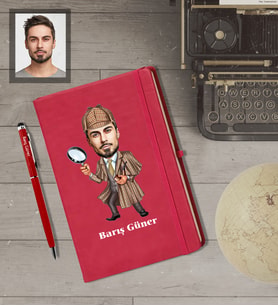 Kişiye Özel Müfettiş Karikatürlü  Kırmızı Defter Kalem Hediye Seti Bay-1