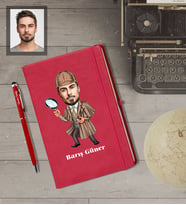 Kişiye Özel Müfettiş Karikatürlü  Kırmızı Defter Kalem Hediye Seti Bay-1