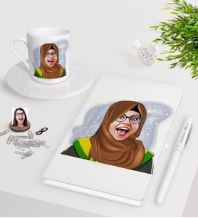 BK Gift Kişiye Özel Tesettürlü Bayan Öğretmen Karikatürlü Beyaz Defter Kalem Türk Kahvesi Fincanı Seti-3 (Model 1)