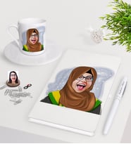 BK Gift Kişiye Özel Tesettürlü Bayan Öğretmen Karikatürlü Beyaz Defter Kalem Türk Kahvesi Fincanı Seti-3 (Model 1)