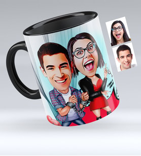 BK Gift Kişiye Özel Sevgililer Karikatürlü Siyah Kupa Bardak  1