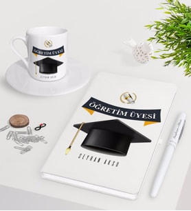 BK Gift Kişiye Özel Öğretim Üyesi Beyaz Defter Kalem Türk Kahvesi Fincanı Seti-1 (Model 1)