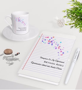 BK Gift Kişiye Özel Dünyanın En İyi Öğretmeni Beyaz Defter Kalem Türk Kahvesi Fincanı Seti-28 (Model 1)
