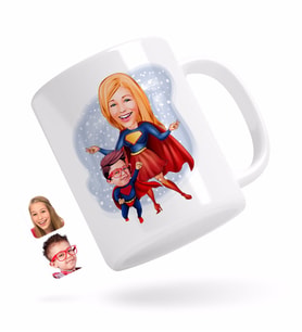 BK Gift Kişiye Özel Süper Anne ve Çocuk Karikatürlü Beyaz Kupa Bardak