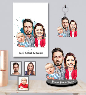 Kişiye Özel Aile Karikatürlü 3 lü Hediye Seti  Mod-1