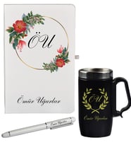 Şık Çiçek Desenli Kişiye Özel Hediye Defter Kalem ve Siyah Termos Mug Seti