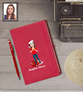 Kişiye Özel Yılbaşı Bayan Karikatürlü Kırmızı Defter Kalem Hediye Seti Model-7