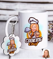 BK Gift Kişiye Özel Bayan Chef Karikatürlü Beyaz Kupa ve Anahtarlık Hediye Seti-15 (Model 1)