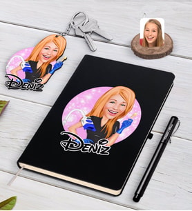 BK Gift Kişiye Özel Kadın Güzellik Uzmanı Karikatürlü Siyah Defter Kalem Ve Anahtarlık Hediye Seti-2 (Model 1)