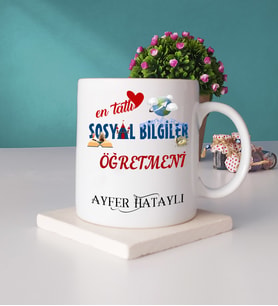 Mesajlı Sosyal Bilgiler Öğretmeni Kupa Bardak ve Taş Bardak Altlığı Hediye Seti