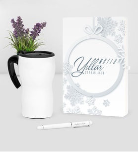 BK Gift Kişiye Özel Yılbaşı Mutlu Yıllar Temalı Beyaz Defter Kalem Termos Mug Seti - 14
