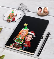 BK Gift Kişiye Özel Yeni Yıl Sevgililer Karikatürlü Siyah Defter Kalem ve Anahtarlık Hediye Seti-1 (Model 1)