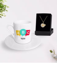 BK Gift Kişiye Özel Öğretmen Türk Kahvesi Fincanı ve İsimli Papatya Kolye Hediye Seti-4 (Model 1)