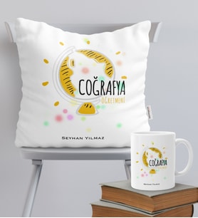 BK Gift Kişiye Özel Coğrafya Öğretmeni Temalı Yastık Kupa Seti - 3