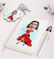 BK Gift Kişiye Özel Kadın Manken Karikatürlü Beyaz Defter Kalem ve Anahtarlık Hediye Seti (Model 1)
