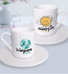 BK Gift Kişiye Özel Güneşim ve Dünyam İkili Türk Kahvesi Fincanı Seti-2 (Beyaz)