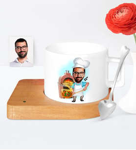 BK Gift Kişiye Özel Bay Kebapçı Karikatür Ahşap Altlıklı Seramik Fincan  1