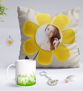 BK Gift Kişiye Özel Fotoğraflı Papatya Yastık Kupa Papatya Kolye ve Silver Anahtarlık Seti-3 (Model 1)