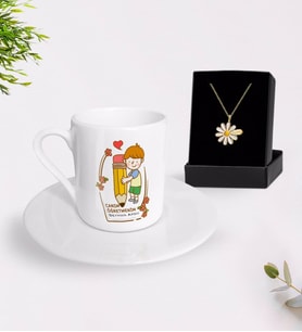 BK Gift Kişiye Özel Canım Öğretmenim Türk Kahvesi Fincanı ve İsimli Papatya Kolye Hediye Seti-4 (Model 1)