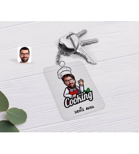 BK Gift Kişiye Özel Erkek Chef Karikatürlü Şeffaf Pleksi Anahtarlık-14 (Beyaz)