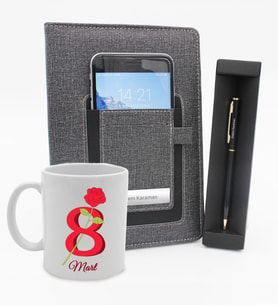 8 Mart Dünya Kadınlar Gününe Özel Kupa & Telefon Cepli Gri Defter & Gold Detaylı Tükenmez Kalem Hediye Seti (Model 2)