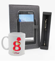 8 Mart Dünya Kadınlar Gününe Özel Kupa & Telefon Cepli Gri Defter & Gold Detaylı Tükenmez Kalem Hediye Seti (Model 2)