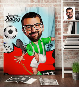 BK Gift Kişiye Özel Bay Futbolcu Yeşil Beyaz Karikatür Kanvas Tablo 70x100cm 1
