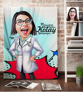 BK Gift Kişiye Özel Bayan Doktor Karikatür Kanvas Tablo 70x100cm 1
