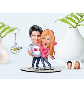 BK Gift Kişiye Özel Sevgililer Karikatürlü 3D Ahşap Biblo ve İsimli Silver Papatya Anahtarlık-5 (Model 1)