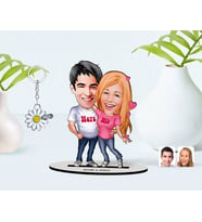 BK Gift Kişiye Özel Sevgililer Karikatürlü 3D Ahşap Biblo ve İsimli Silver Papatya Anahtarlık-5 (Model 1)