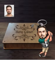 Kişiye Özel Golfçü Karikatürlü  Ahşap Anahtarlık Kutulu Bay-1