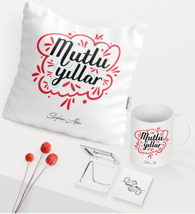 BK Gift Kişiye Özel Yılbaşı Mutlu Yıllar Temalı Beyaz Kupa Ayna Yastık Seti - 3