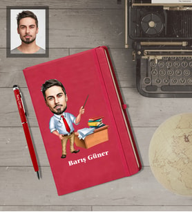 Kişiye Özel Öğretmen Karikatürlü  Kırmızı Defter Kalem Hediye Seti Bay-4