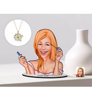 BK Gift Kişiye Özel Kadın Karikatürlü 3D Ahşap Biblo ve İsimli Tarihli Papatya Kolye Seti-21 (Model 1)